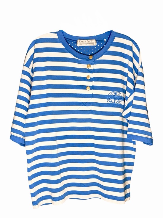 Karen Scott Tops - Karen Scott Blue & White Striped 3/4” Sl Henley w/Embroidered Anchor&Rope Sz L
